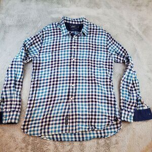 Grayers Linen Blend Shirt Mens Sz L Teal Checkerd Long Sleeve Button Up Plaid